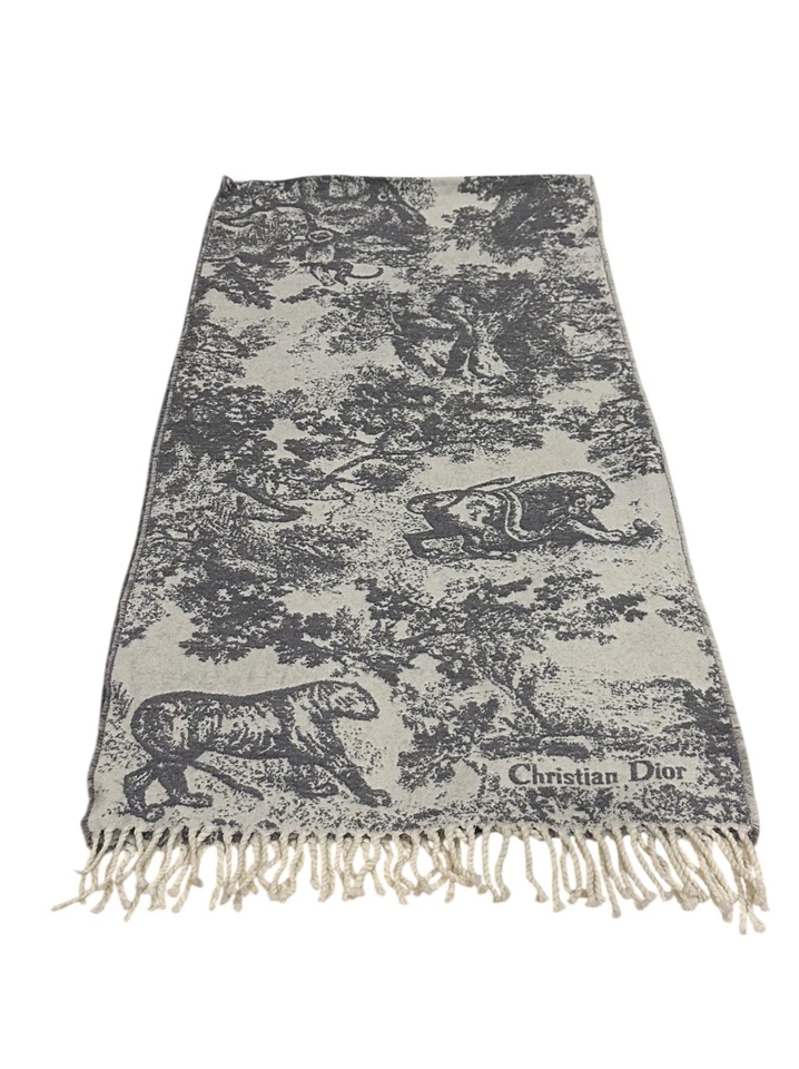 二手 正品 迪奥 59% 羊绒 41% 羊毛 围巾 灰色和白色 — 第 2/4 张图片