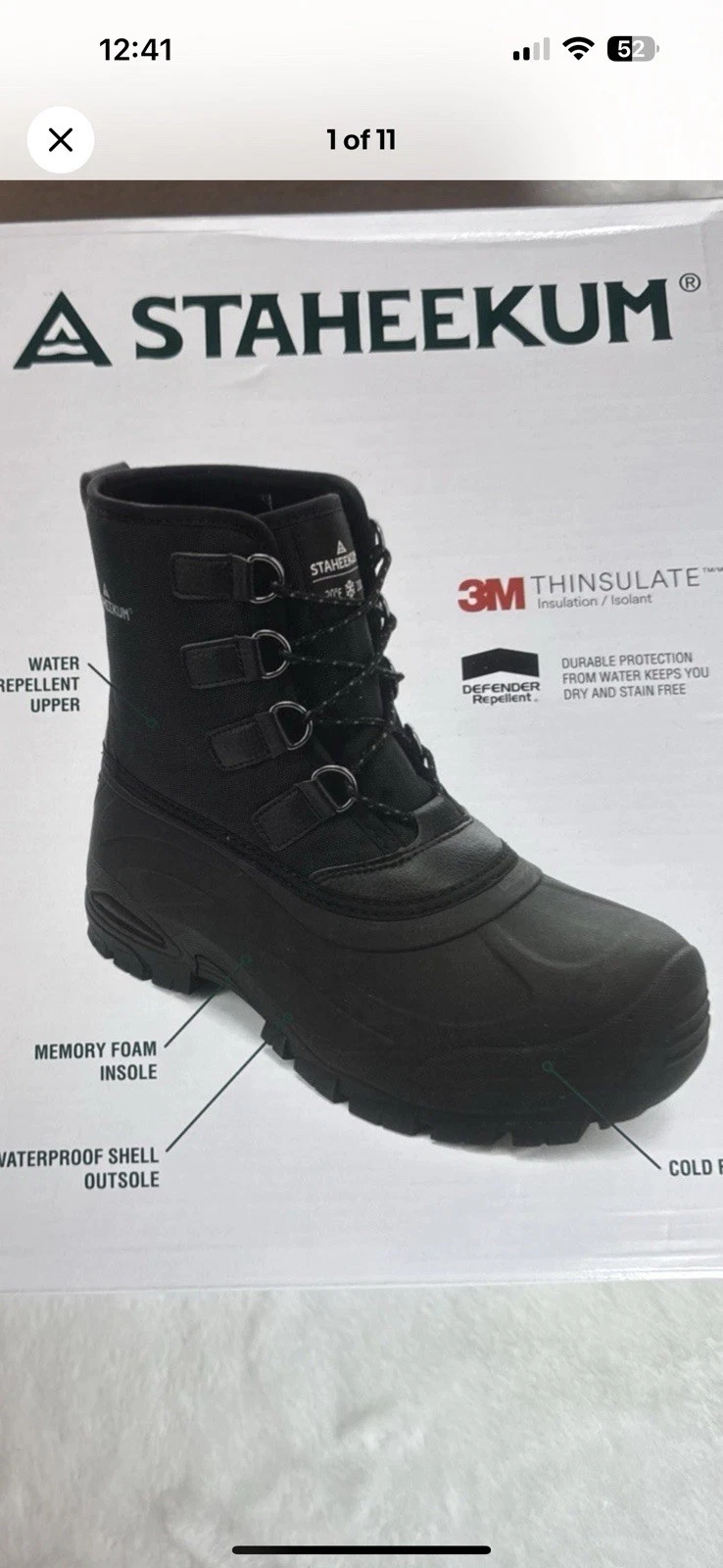 Staheekum Men's Insulated Snow Boots Black Waterproof Memory foam Size 10