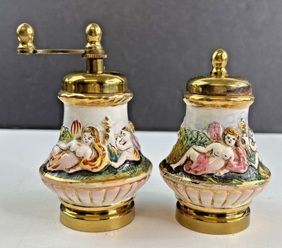 Vtg Italian Capodimonte Porcelain Nude Cherub Salt & Pepper Shaker Mill Macina