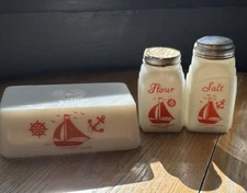 1930 Vintage McKee Red Sailboat Milk Glass Salt Flour Shakers & Butter Lid Set