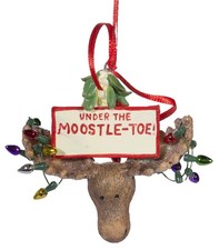 Funny Christmas Ornament- Moose Head w/Under The Moostle-Toe Sign White, Red