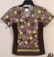 Cherokee Scrub Top Size XS Boho Floral Brown Purple Stretch Sides