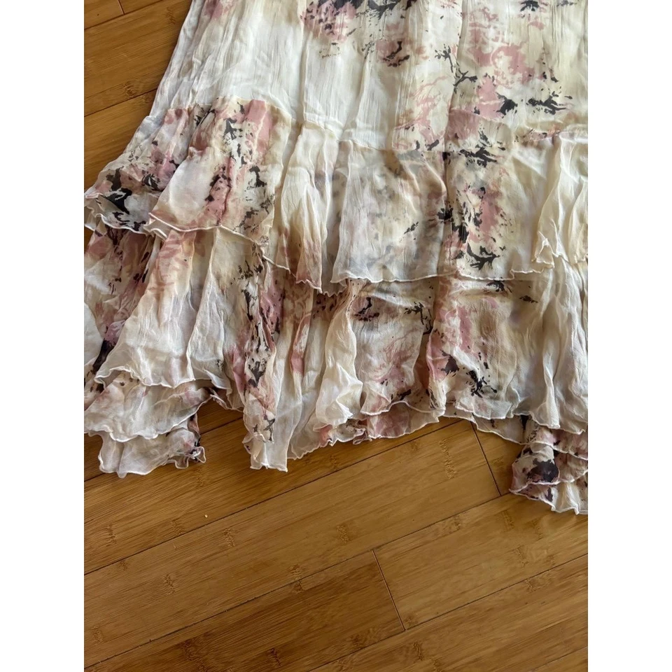 Maxi Vestido Newport News Para Mujer Talla 6 Floral Volantes Seda Cuello en V Sin Mangas Foto 3 de 4