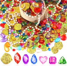 Pirate Treasure Gems and Gold Coins Set, 246 Pcs Plastic Jewels for Playtime