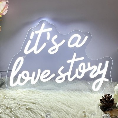 16''x12'' It's A Love Story White LED Neon Sign With Dimmer USB Powered Light