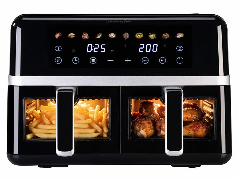 Friteuse à air chaud 9L Rosenstein et Söhne avec 2 tiroirs indépendants et fenêtres de cuisson