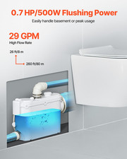 Macerator Pump, 500W, 29 GPM Flow, 26 ft/8 m Head, Bathtub