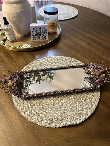 Antique/Vintage Victorian Dresser Tray Perfume Pearls  Flowers Vanity Mirror 18"