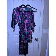 Vintage California Dynasty Floral Satin Robe and Nightgown Set Purple Multicolor