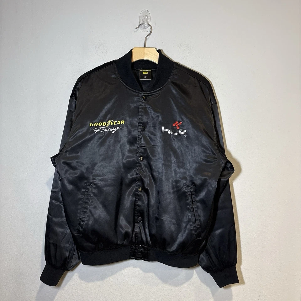 Chaqueta de bombardero HUF x Goodyear Racing satinada negra a presión para hombre pequeña bordada rara Foto 2 de 4