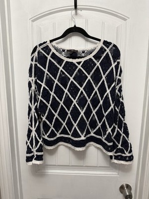 Hazel Blue And White Sun Crop Crochet Sweater Size L/XL Beautiful Pattern (26-17