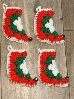Vintage Handmade Christmas Stockings Granny Square Crocheted Ornaments Lot of 4