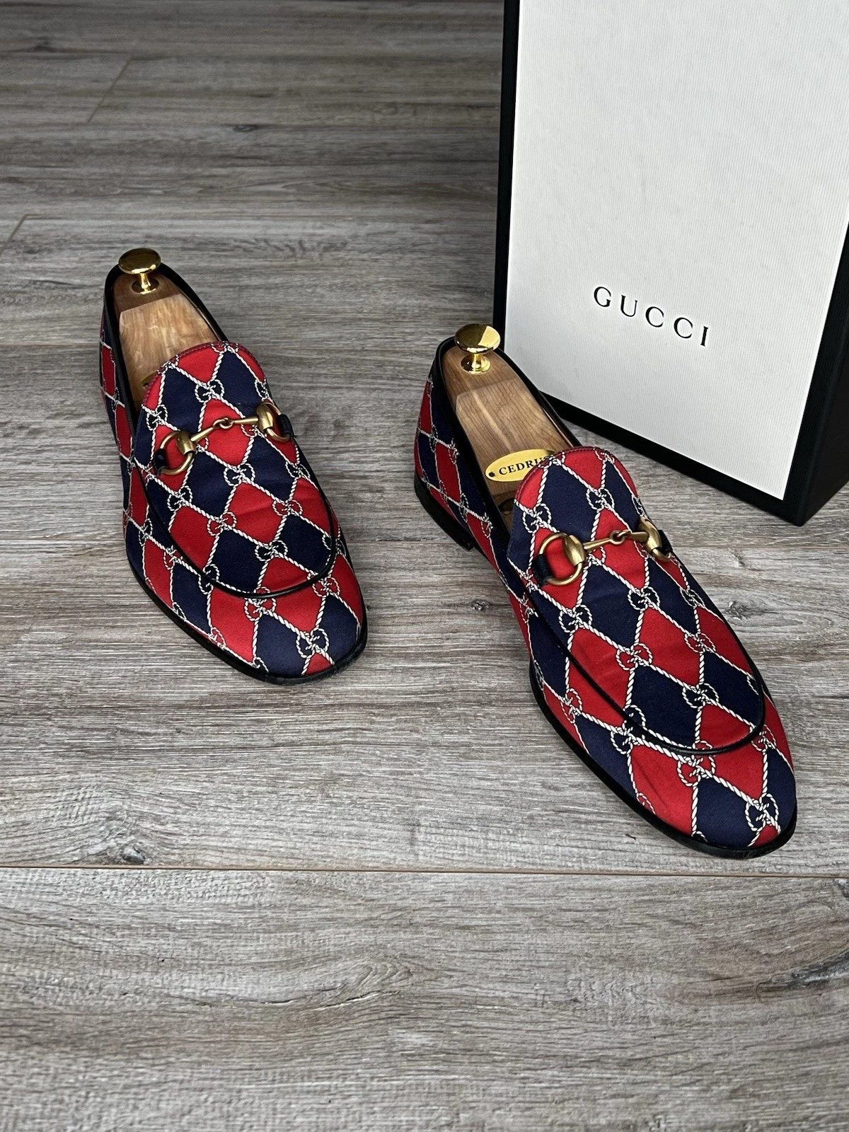Mocassins GUCCI chaussures en cuir Jordaan Horsebit Rhombus GG monogramme homme US 10,5