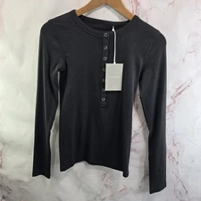 Everlane Shirt Womens XS Black Micro Luxe Rib Long Sleeve Henley Pima Snap 