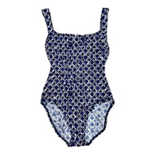 Vintage 90s Baja Blue One PIece Swimsuit Sz 10 Geometric Print High Cut Leg