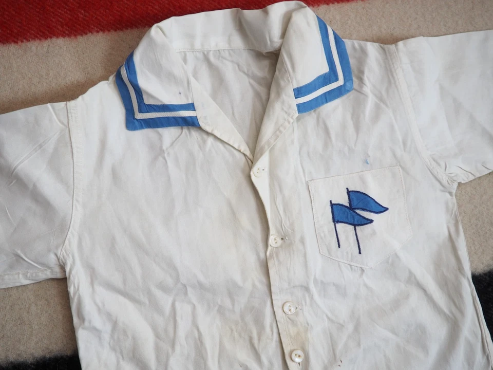 VTG 20s 30s Childrens White Blue Linen Sailor Flag Button Pocket Shirt Distress - Image 2 of 4