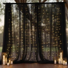 10x8ft Black Tulle Backdrop Curtain, Lights String, Sheer, Wedding, Party