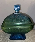 Vintage Jeanette Glass Blue Green Covered Candy Bowl Acorns Indiana Carnival