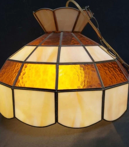 Vintage Tiffany Style Stained Glass Swag Hanging Ceiling Light Pub Lamp 14” Diam