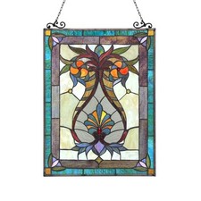 Stained Glass Window Panel Medallion Floral Victorian 17.5" x 25" Suncatcher