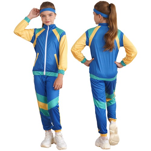 Kids Unisex Tops Pants Headband Sets Colorblock Sports Suit Carnival Party - Picture 23 of 42