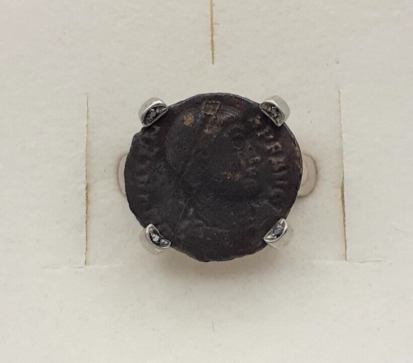 Anello argento 925 diamanti moneta romana originale gioiello donna - Immagine 2 di 4