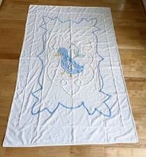 Vtg 1950's Chenille Baby Blanket Crib Bedspread Blue Duck  Flower 40" x 66"