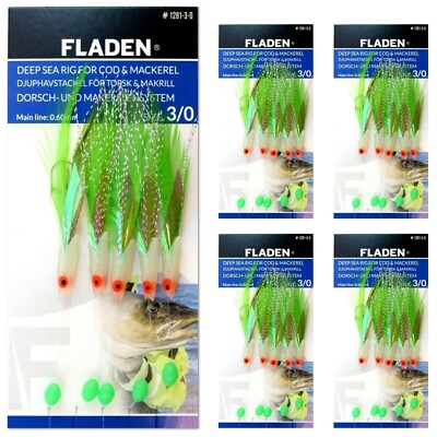5 x Fladen Lumi Max Hokki Dorschfedern Meer Boot Angeln Rig 5 Haken Größe 3/0