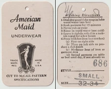 C1930 American Maid Underwear Hang Tag Vintage Undergarment Advertising Label