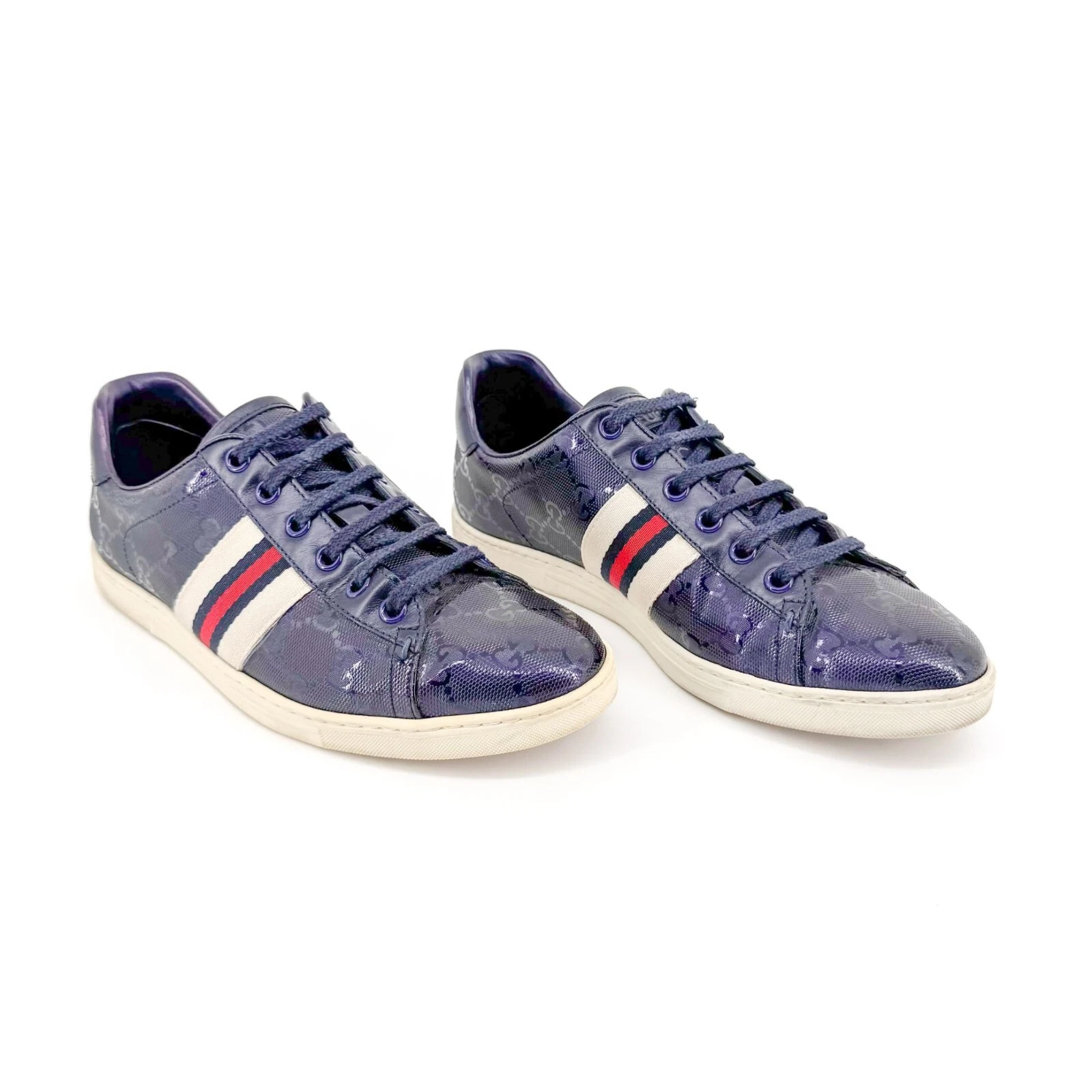 Baskets basses Gucci EU 37 US 7 bleu marine GG monogramme logo imprime chaussure Ace