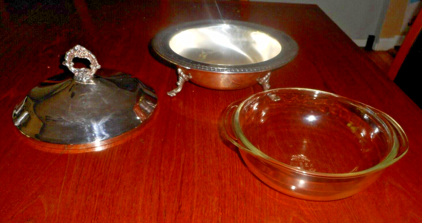 "F.B. ROGERS SILVER CO." Covered Serving Dish w/Pyrex Glass Bowl Insert 10 1/2" eBay