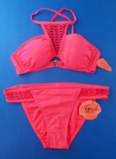 Women's Swimsuit Swim Set S M L Coral Tropics Pink High Neck Bikini w Bottom New