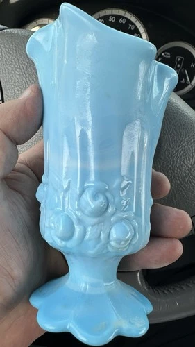 Fenton Vase Blue Slag Handkerchief  Cabbage Roses Pattern 5 1/4 in Glassware