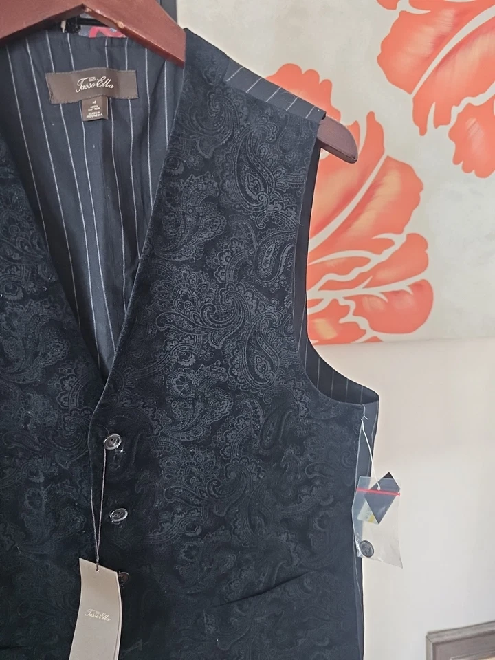 TASSO ELBA Men's Black Cotton Paisley Velour Six Button Career Vest Size M NWT - Image 4 of 4