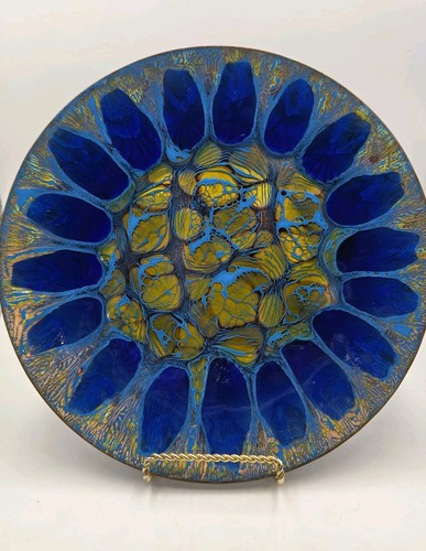Beautiful Enamel on Copper Abstract Plate Dish Blue And Gold 10” Signed 