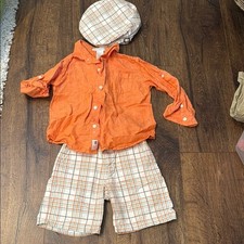Janie and Jack linen Orange Shirt and Plaid Shorts Set with Cap matching set 2T