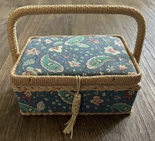 Vintage Paisley Woven Handled Wood,Plastic Small Hinged Lid Sewing Box Taiwan