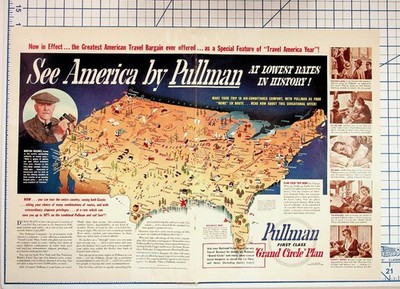 Vintage Pullman Railroad Ad See America Grand Circle Plan Map Ephemera