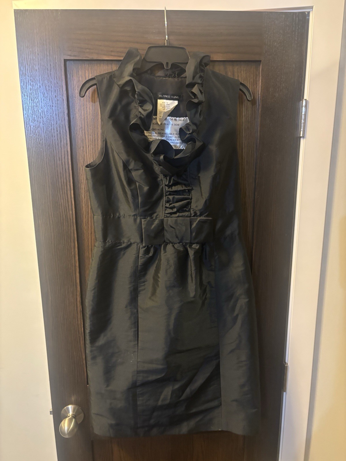 Alfred Sung Black Sleeveless Cocktail Dress With Ruffled Neckline, Size 12