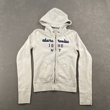Vintage Abercrombie Fitch Hoodie Youth Kids Large White Y2K Embroidered Zip Up