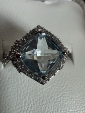 Aquamarine With CZ Sterling Silver Art Deco Ring Size 6.5