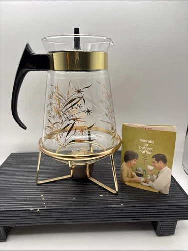 Vintage 1958 Pyrex Glass Coffee Carafe Decanter Gold Rare 7.5”Print Wheat Floral