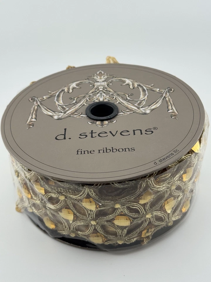 d. stevens GOLD FACETED DIAMOND-SHAPE WIRE EDGED RIBBON DS18-2669 2.5” 5 YDS - Image 3 of 4
