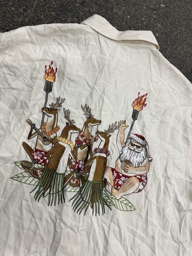 Tori Richard Deer Embroidered Santa Hawaiian Silk Shirt White Mens 2XL - Imagen 2 de 7