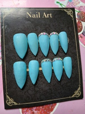  Handmade PressOn Nails Matte Sky Blue Stiletto Elegant Crystal Gems, XS SM L XL