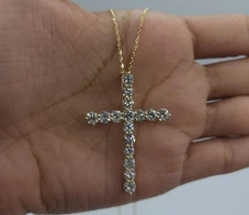 4.80 Ct Round Cut Diamond Cross Pendant Necklace 14K Yellow Gold Lab Grown F VS1