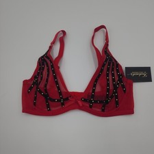 Fredericks of Hollywood Red Rozlyn Mesh Black Stud Bra Sheer Lingerie 32DD