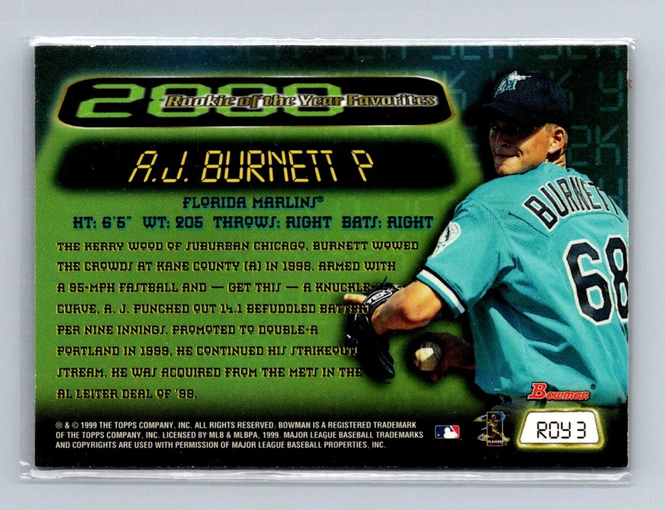 1999 Bowman #ROY3 A.J. Burnett In Person AUTO 2000 ROY Favorites - Image 2 of 2