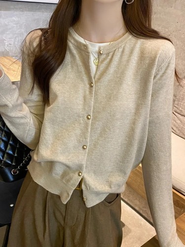 Women's Solid Color Knit Cardigan – Korean Style, Long Sleeve, Round Neck - Picture 13 of 21