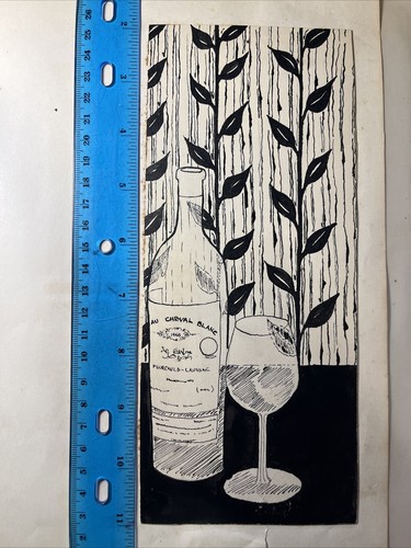 WINE ILLUSTRATION 1948 1/1 PEN & INK B&W Au Cheval Blanc BOTTLE GLASS Leaves - Picture 6 of 6